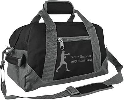 Personalized Passion 14” Small Sports Duffel Bags for Kids - Waterproof Travel Duffle with Name & Boxing Design - Black/Gray Two-Toned Kids Weekender Bag for Boys and Girls