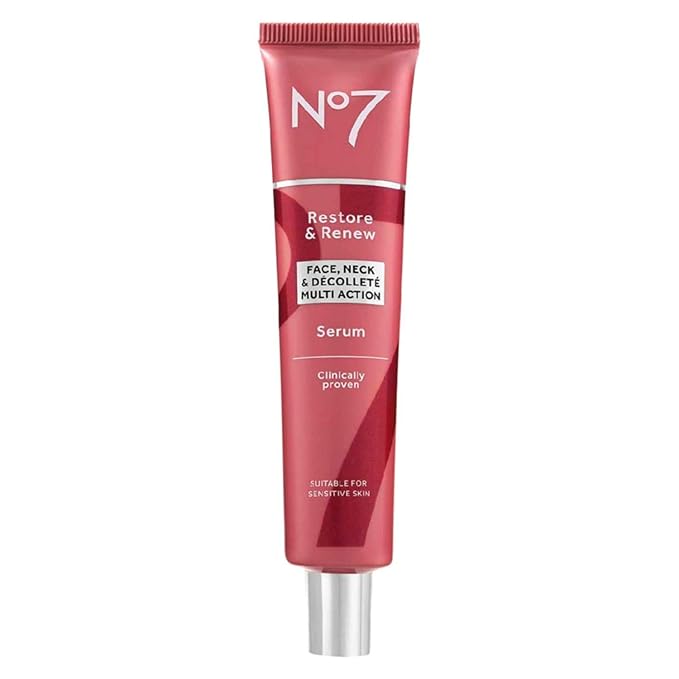 No7 Restore & Renew Multi-Action Face & Neck Serum - Anti Aging Serum for Deep Wrinkle Repair - Collagen Infused Skincare with a Hydrating Blend of Hibiscus Peptides & Hyaluronic Acid (2.5 Fl Oz)