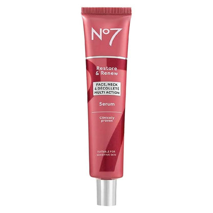 No7 Restore & Renew Multi-Action Face & Neck Serum - Anti Aging Serum for Deep Wrinkle Repair - Collagen Infused Skincare with a Hydrating Blend of Hibiscus Peptides & Hyaluronic Acid (2.5 Fl Oz)