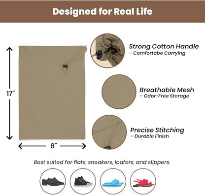 LFH Cotton Rich Shoe Storage Bags with Drawstring, Dustproof Breathable Reusable Organizer, Perfect For Travel, Dorm, Hotel, College, Gym, Easy to Carry, Machine Washable 8"x17" (Pack of 6) - Chambray