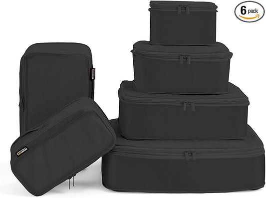 Compression Packing Cubes for Travel, 6-Piece Set (Large/Medium/Small), Double-Zip Luggage Organizers for Suitcase & Carry-On, Clothes Storage Bags (6 Pack, Pure Black)