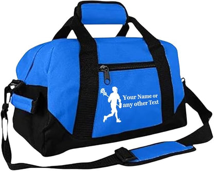 Personalized Passion 14” Small Sports Duffel Bags for Kids - Waterproof Travel Duffle with Name & Lacrosse Design - Royal Blue Two-Toned Kids Weekender Bag for Boys and Girls