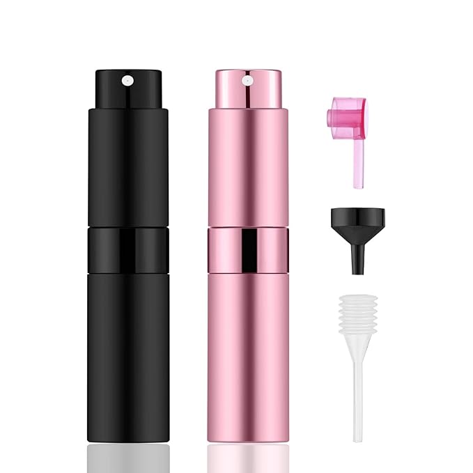 2 PCS/8ml Portable Mini Perfume Atomizer bottles, Empty Refillable Spray Bottle with 3 Types of Refill Tools, Pocket Travel Perfume Sample Bottles(Matte Black&Pink)