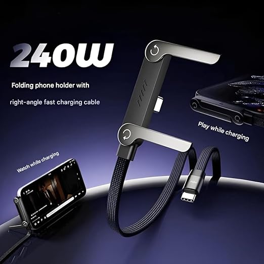 Sideways Phone Charger, 240w Braided Fast Charge Cable with Built-in Phone Stand, 2-in-1 Invisible Holder Charger Cable for Smartphones Tablets, Fast Data Transfer (2pcs c to c)