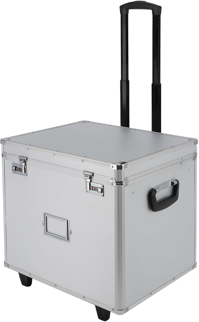 Modern Aluminum Alloy File Lock Box with Wheels and Telescopic Handle, Silver, Rectangular, Portable, Water Repellent, 19.2 x 15 x 16 inches, 7 Compartments, Locking Mobile Business Case