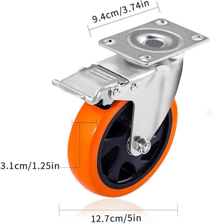 D&L 5 Inch Swivel Casters Wheels 1500lbs Heavy Duty Castors with Brake Polyurethane Dual Locking Casters Set of 4 Orange DL-I5-001