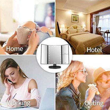 Trifold Makeup Mirror Vanity Mirror with Lights,1X 2X 3X Magnification,Touch Screen,180 Adjustable Rotation,Portable Travel Bathroom Cosmetic Mirror