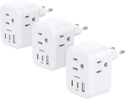 3 Pack European Travel Plug Adapter, Addtam US to Europe Plug Adapter with 3 Outlets 3 USB Charger (2 USB C Port), Type C Power Adaptor to Italy Spain France Portugal Iceland