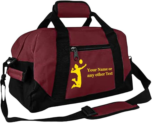 Personalized Passion 14” Small Sports Duffel Bags for Kids - Waterproof Travel Duffle with Name & Volleyball Design - Maroon Two-Toned Kids Weekender Bag for Boys and Girls