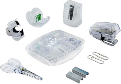 LD Products Clear Mini Office Supply Kit Portable Case with Scissors, Paper Clips, Tape Dispenser, Pencil Sharpener, Stapler & Staple Remover