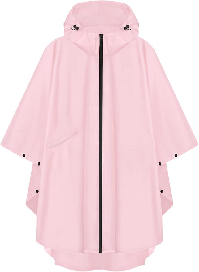 PTEROMY Hooded Rain Poncho for Adult with Pocket and Zipper, Waterproof Lightweight Raincoat for Men and Women