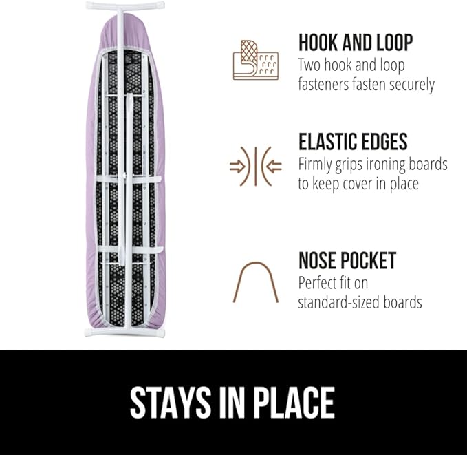GORILLA GRIP The Original Ironing Board Cover and Pad, Silicone Coating, Thick Scorch Resistant Padding, Heavy Duty Iron Covers Standard Boards, Hook and Loop Fastener Strap, Light Purple, 15x54