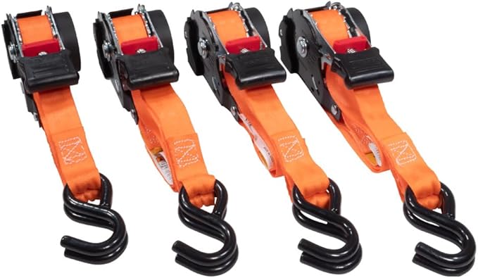 4 Pack Orange Auto Retract NO-RATCHETING Ratchet Straps | 1" x 12' Retractable Ratchet Straps with Zinc Coated S Hook Tiedowns for Motorcycles, ATVs, Bikes, Trailer Tie-Down