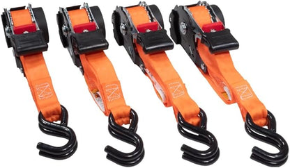 4 Pack Orange Auto Retract NO-RATCHETING Ratchet Straps | 1" x 12' Retractable Ratchet Straps with Zinc Coated S Hook Tiedowns for Motorcycles, ATVs, Bikes, Trailer Tie-Down