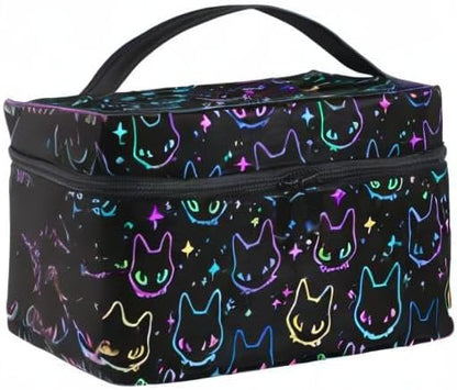 Goth Makeup Bag, Colorful Neon Cat Heads Makeup Organizer Bags Toiletry Bag Box Travel Cosmetic Bag Make Up Train Case for Women Teen Girl Ladies