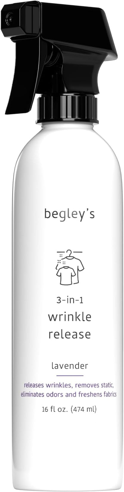 Begley's 3-in-1 Wrinkle Remover, Quick Fix Wrinkle Release, Static Cling Remover, Odor Eliminator and Fabric Refresher Spray - USDA Certified Biobased - Lavender, 16 oz
