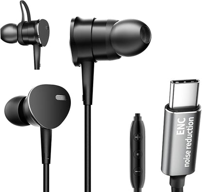 Multi-Purpose In-Ear Wired Headphones Deep Bass - Noise-Canceling Clear Calls, Sports Mode,Wired Earbuds with Mic Noise Reduction Compatible with iPhone 17 16 15, Android, Tablets (USB C plug)