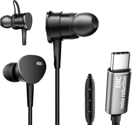 Multi-Purpose In-Ear Wired Headphones Deep Bass - Noise-Canceling Clear Calls, Sports Mode,Wired Earbuds with Mic Noise Reduction Compatible with iPhone 17 16 15, Android, Tablets (USB C plug)