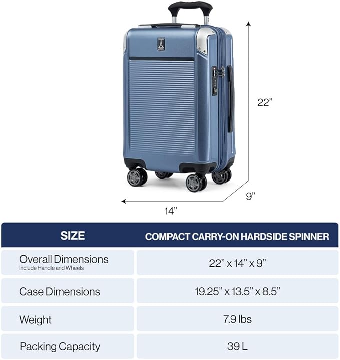 Travelpro Platinum Elite Hardside Expandable Carry on Luggage, 8 Wheel Spinner, TSA Lock, Hard Shell Polycarbonate Suitcase, Dark Sky Blue, Compact Carry On 20-Inch