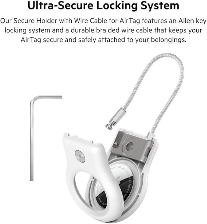 Belkin Apple AirTag Secure Holder With Wire Cable - AirTag Holder - Lock & Protect Air Tags In Durable Scratch Resistant Case - Protective AirTag Keychain Accessory For Keys, Luggage & More – White