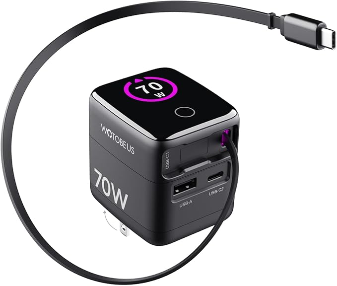 WOTOBEUS PD 70W/65W GaN USB-C Wall Charger with Retractable Cable & AI Digital Display - Travel Laptop Power Adapter, PPS 45W 25W Fast Charging for iPhone 17 16, iPad, MacBook, Galaxy S25, Pixel