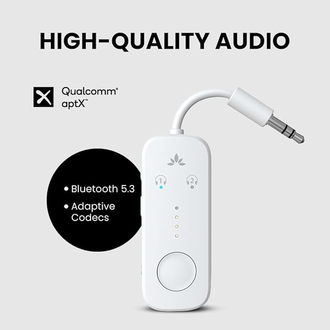 Avantree Relay - Premium Airplane Bluetooth Adapter with Advanced Qualcomm Chipset, 2 Headphones Support, 25hrs Play Time, aptX Adaptive & HD Audio Transmitter for Airpods, Bose & Travel Flight