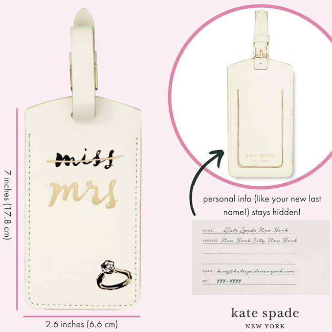 Kate Spade New York White Vegan Leather Luggage Tag, Bridal Gift for Bride, Cute Travel Tag for Honeymoon, Durable Suitcase Tag, Miss to Mrs.