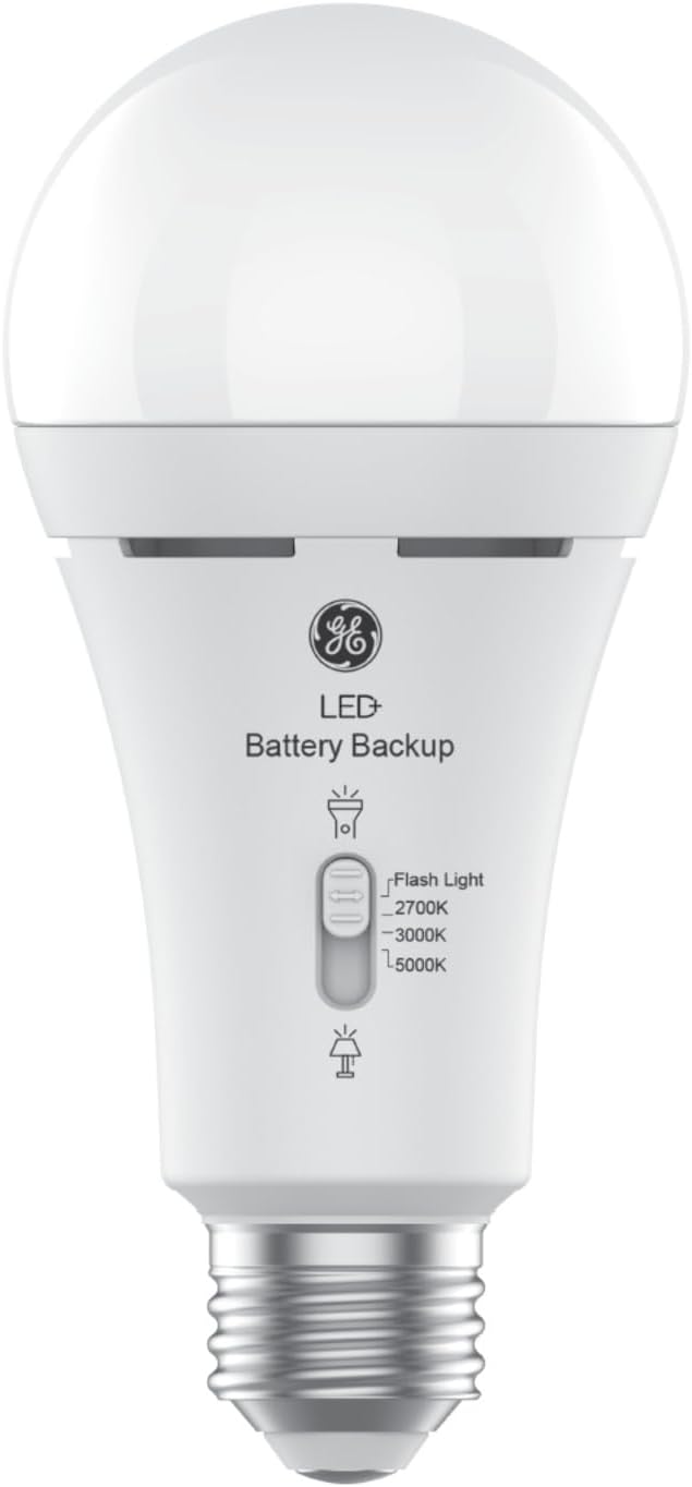 GE LED+ Backup Battery LED Light Bulbs, A21 Rechargeable Light Bulbs for Power Outages and Emergencies, Flashlight, 3 Color Temperatures (2 Pack)