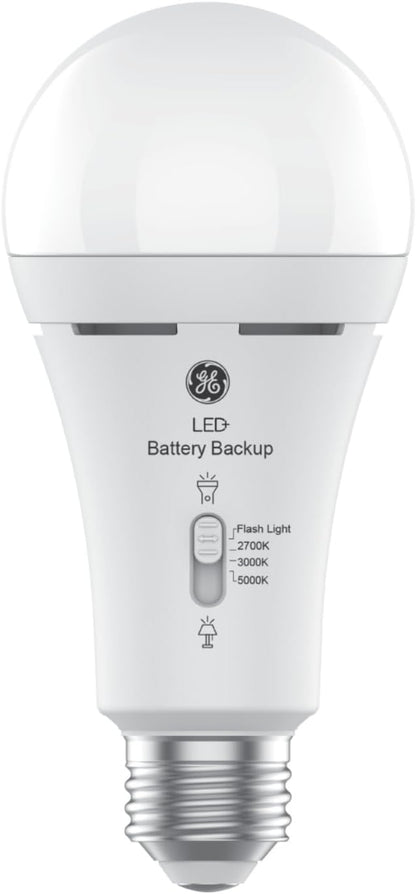 GE LED+ Backup Battery LED Light Bulbs, A21 Rechargeable Light Bulbs for Power Outages and Emergencies, Flashlight, 3 Color Temperatures (2 Pack)