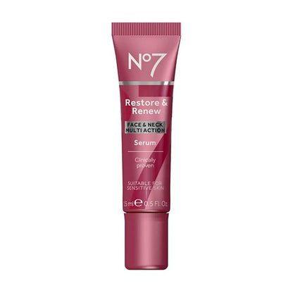No7 Restore & Renew Multi-Action Face & Neck Serum - Anti Aging Serum for Deep Wrinkle Repair - Collagen Infused Skincare with a Hydrating Blend of Hibiscus Peptides & Hyaluronic Acid (0.5 Fl Oz)