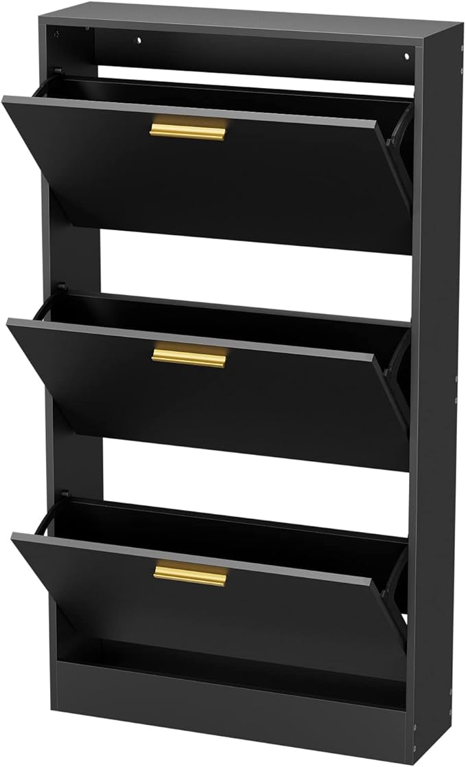 JOZZBY Shoe Cabinet Storage with 3 Flip Drawers for Entryway, Black Slim Freestanding Modern Narrow Shoe Organizer Rack Cabinet for Hallway, Living Room, Set of 2