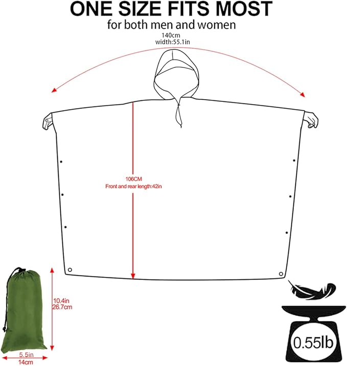 Hooded Rain Poncho for Adult, Waterproof Lightweight Raincoat for Hiking Camping