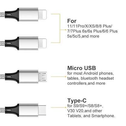 Puxnoin Multi Charging Cable, Multi USB Cable 2Pack 4FT Universal 4 in 1 Multiple USB Cable Fast Charging Cord with Type-C, Micro USB Connectors for Cell Phones Tablets, Silver