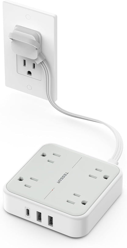 TESSAN Surge Protector Power Strip, 1 Ft Ring Pull Short Extension Cord with Multiple Outlets, 3 USB (1 USB C) 4 Outlets, 900J Surge Protection, Desktop Charging Station for Home, Office, Dorm Room