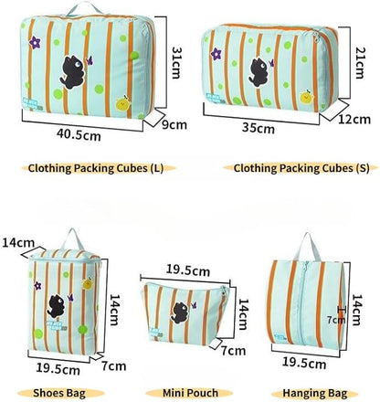 Striped Travel Organizer Bag Set with Cute Cat Design - 5-Piece Portable & Waterproof Packing Cubes for Luggage Clothing & Toiletries (Yellow Cat)