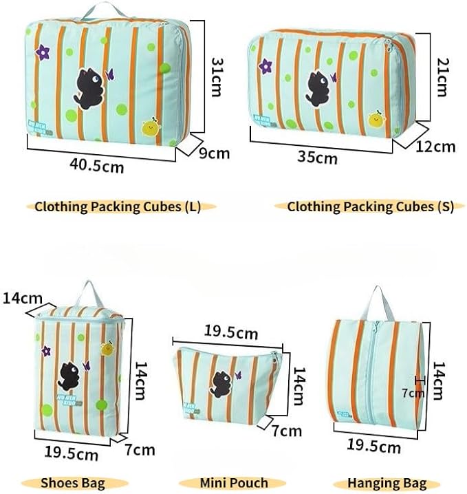 Striped Travel Organizer Bag Set with Cute Cat Design - 5-Piece Portable & Waterproof Packing Cubes for Luggage Clothing & Toiletries (Pink Cat)