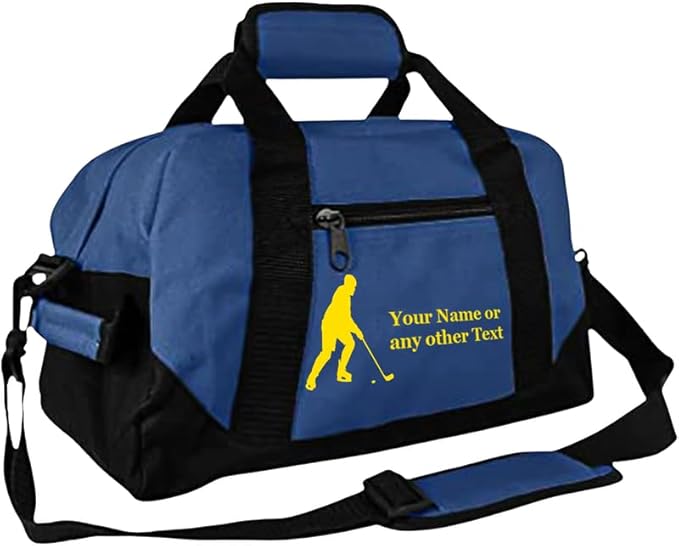 Personalized Passion 14” Small Sports Duffel Bags for Kids - Waterproof Travel Duffle with Name & Hockey Design - Navy Blue Two-Toned Kids Weekender Bag for Boys and Girls