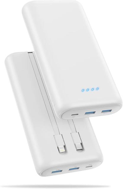 Upgraded Portable Charger 40800mAh Power Bank - Portable Battery with 2 Built in Cables,PD 25W USB C Fast Charging Battery Pack Compatible with iPhone 17 16 15 14 13 Android Phone etc-White