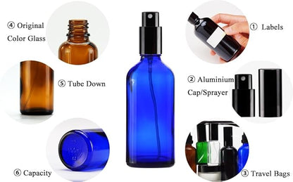YIZHAO Blue Glass Spray Bottles 4oz, with Small Fine Mist Spray, Metal Cap, Refillable for Essential Oil,Travel,Cleaning,Perfume,Aromatherapy,Makeup – 9 Pcs
