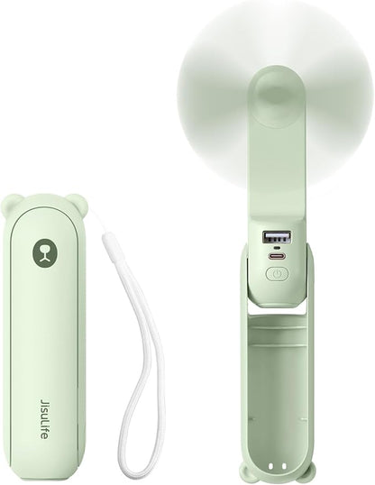 JISULIFE Handheld Mini Fan, 3 IN 1 USB Rechargeable Portable Fan [12-19 Working Hours] with Power Bank, Flashlight, Pocket Design for Travel/Summer/Concerts/Lash, Gifts for Women(Green)