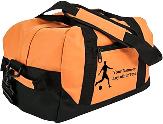 Personalized Passion 14” Small Sports Duffel Bags for Kids - Waterproof Travel Duffle with Name & Soccer Design - Orange Two-Toned Kids Weekender Bag for Boys and Girls