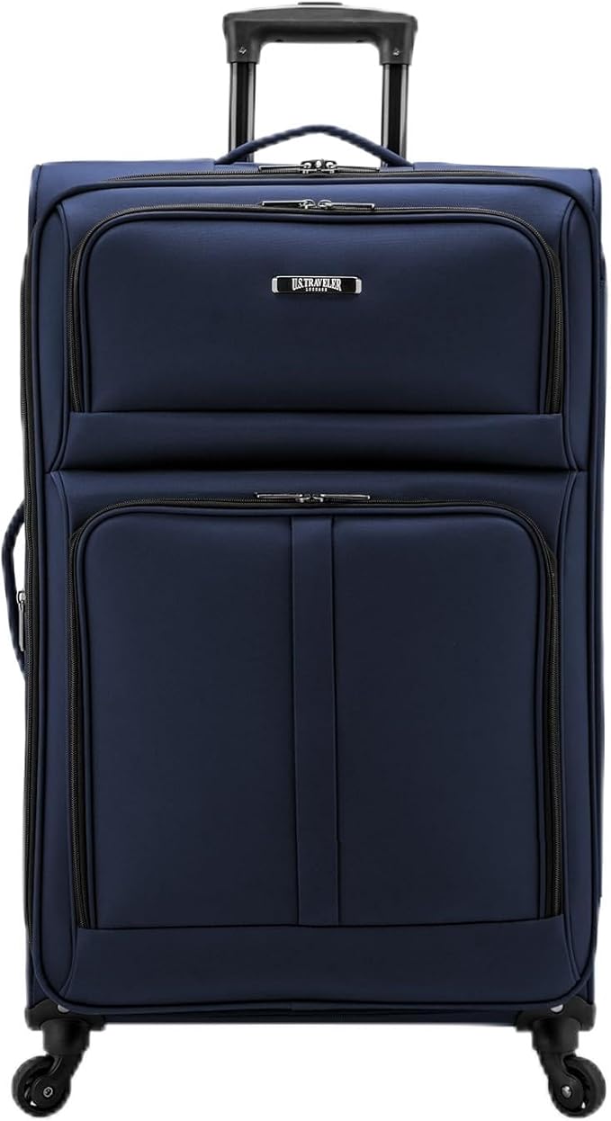 U.S. Traveler Anzio Softside Sturdy Ballistic Nylon Expandable Travel Suitcase Luggage with 4 Spinner Wheels, Navy, Checked-Large 30-Inch