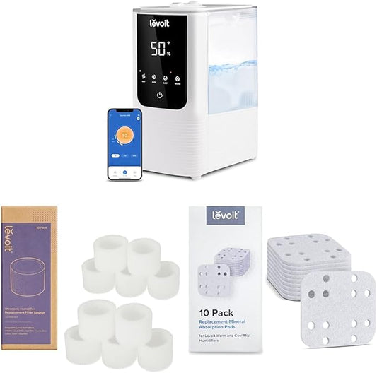LEVOIT OasisMist Smart Cool and Warm Mist Humidifiers & 10-Pack Top Fill Humidifier Replacement Filters & Humidifier Replacement Filters 10-Pack, Mineral Absorption Pad