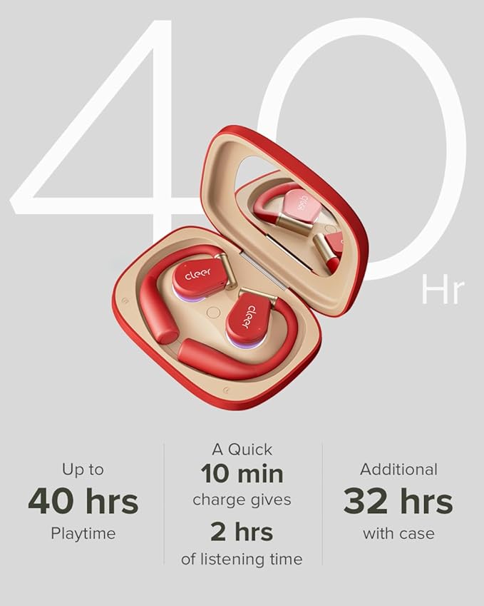 Cleer ARC 3 Sports Pro Open Ear Headphones - Dolby Audio, Snapdragon Sound True Wireless Earbuds,40Hr Battery, Bluetooth 5.4, IPX7,Heart Rate Tracking,Wireless Charging Smart Case, Comfort Fit, Red