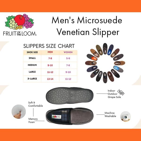 Fruit of the Loom Men’s Memory Foam House Slippers Indoor Outdoor – Microsuede Venetian Cozy Warm Men’s Slippers Plush House Shoes, Sizes 7-14