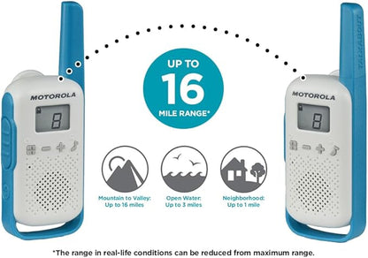 Motorola Solutions, Portable FRS, T114, Talkabout, Two-Way Radios, Battery Operated, 22 Channel, 16 Mile, White/Blue, 2 Pack