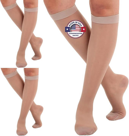 (3 Pairs - Closed Toe) Made in USA - Compression Socks for Women 15-20mmHg - Sheer Compression Knee High Stockings for Post Surgery, Pregnancy, Arthritis, Edema - Nude, Large - A101NU3-3