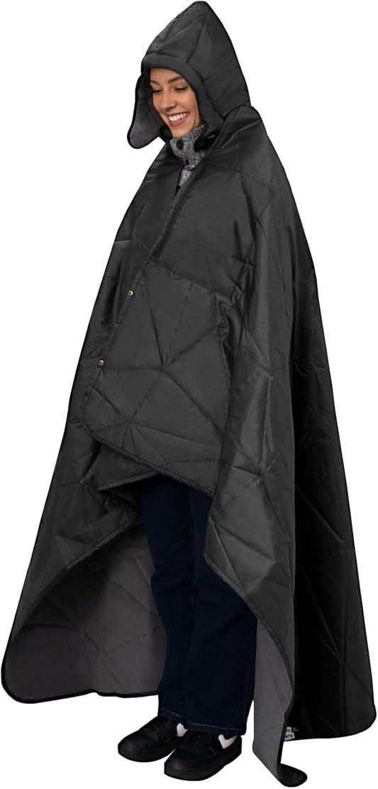 Outdoor Waterproof Blanket, Foldable Fleece Stadium Blanket for Outdoor Sports Event, Camping, Car, Pet, Picnics - Windproof, Wearable, Machine Washable 80" x 58" (Black Gray,Hooded)