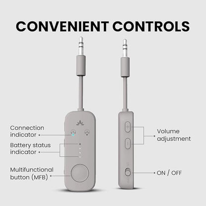 Avantree Relay - Premium Airplane Bluetooth Adapter with Advanced Qualcomm Chipset, 2 Headphones Support, 25hrs Play Time, aptX Adaptive & HD Audio Transmitter for Airpods, Bose & Travel Flight