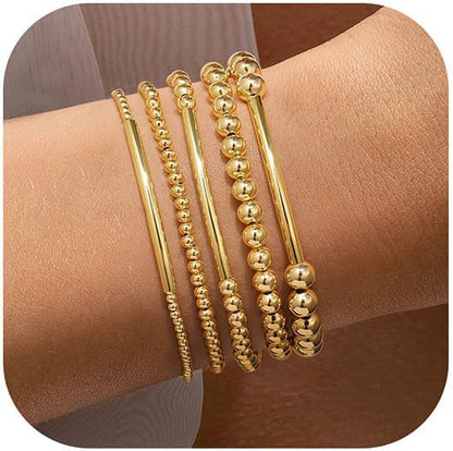 Yoosteel Gold Beaded Bracelets Set for Women Teen Girl Gifts Non Tarnish - 14K Gold Plated Dainty Round Bead Ball Pearl Cross Bracelet Stack for Women Teenage Girls Stackable Jewelry Christmas Gifts